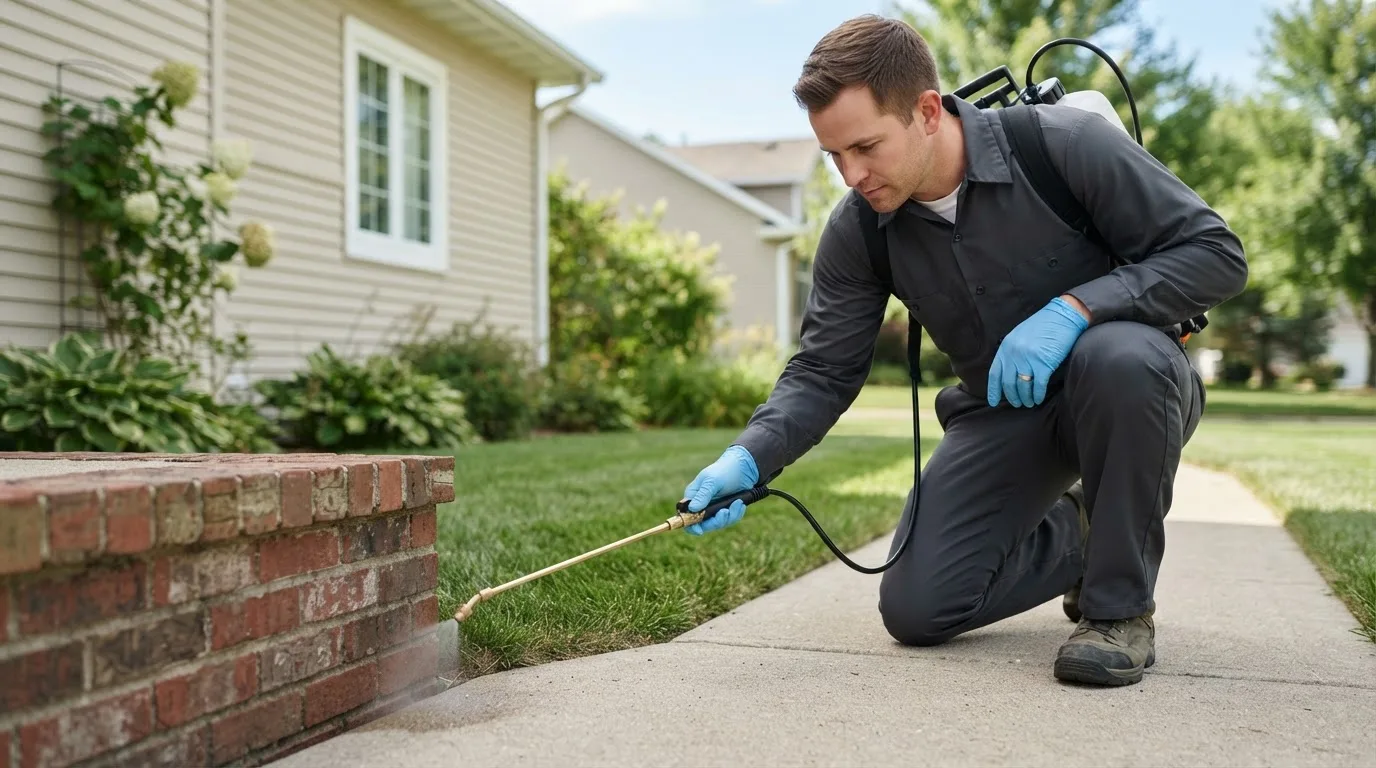 Pest control technician treating a home near Fairfield, NE