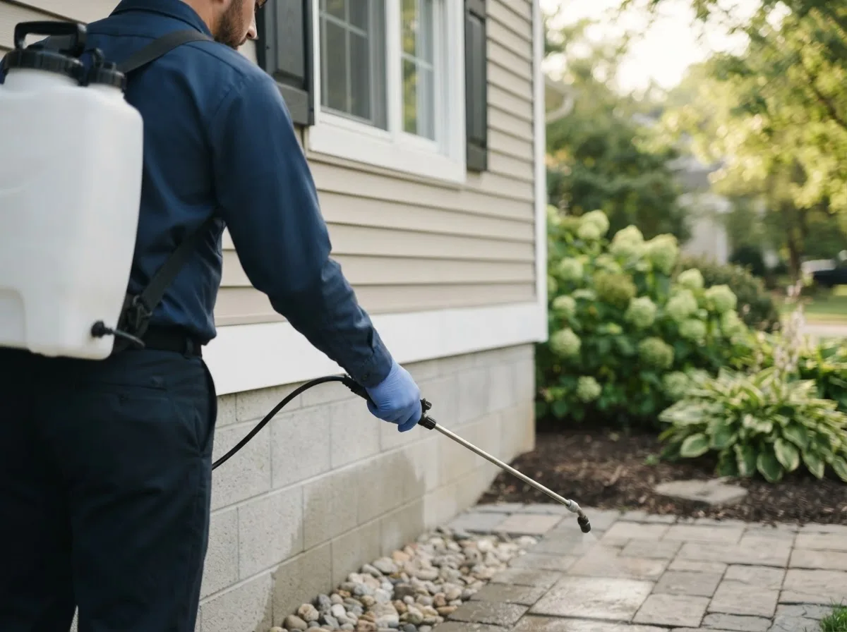 Pest control technician inspecting a home in Fairfield, NE